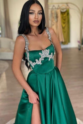 Stunning Long Dark Green A-line Sleeveless Rhinestones Satin Prom Evening Dresses with Slit